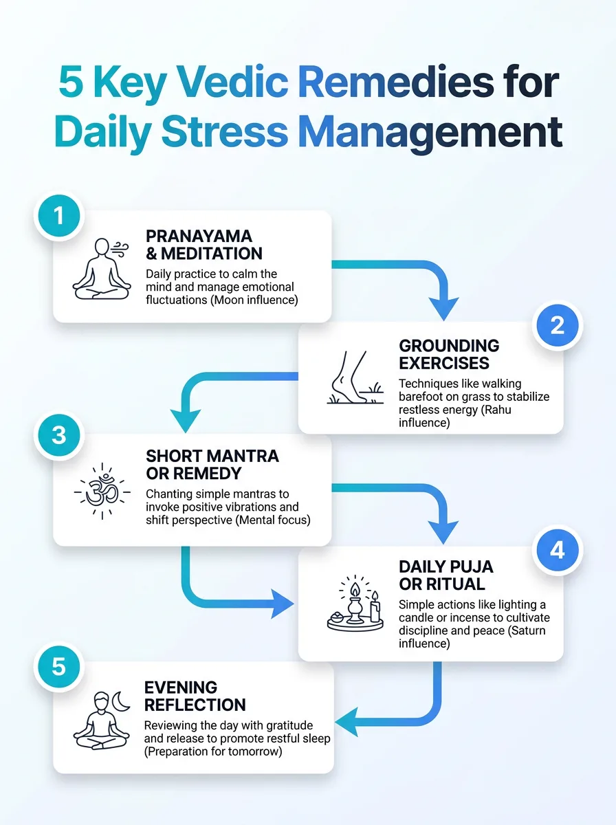 Infographic showing five key Vedic remedies for daily stress management based on Vedic astrology tips.